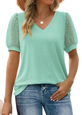 14 X AOKOSOR T SHIRTS FOR WOMEN V NECK TOPS LADIES SWISS DOT PUFF SLEEVE SUMMER TEE LAKE GREEN SIZE 6-8 - TOTAL RRP £116: LOCATION - RACK E