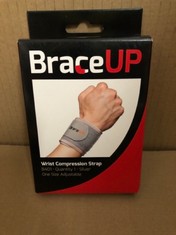 QUANTITY OF ASSORTED ITEMS TO INCLUDE BRACEUP WRIST COMPRESSION STRAP AND WRIST WRAP - WRIST BANDS, BRACES FOR TENDONITIS, TENNIS, GYM, WORKOUT, ONE SIZE ADJUSTABLE (SILVER): LOCATION - RACK E