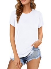 QUANTITY OF ASSORTED ITEMS TO INCLUDE BELURING TOPS FOR WOMEN SUMMER SHORT SLEEVE BLOUSE CASUAL ROUND NECK TSHIRT WHITE SIZE 8 10: LOCATION - RACK E