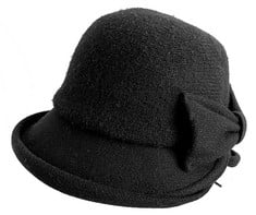 QUANTITY OF ASSORTED ITEMS TO INCLUDE HILYBONY WOMENS 1920S VINTAGE UPTURN BRIM WOOL BLEND CLOCHE CHURCH HAT WINTER FELT BUCKET BOWLER HAT CRUSHABLE FOLDABLE BLACK: LOCATION - RACK E