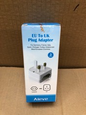 QUANTITY OF ASSORTED ITEMS TO INCLUDE AIEVE EUROPEAN TO UK PLUG ADAPTOR,2 PIN EU TO UK 3 PIN ADAPTER PLUG WITH 13A FUSE, EU TO UK PLUG CONVERTER EURO PLUG ADAPTOR UK SOCKET ADAPTER(3-PACK,WHITE): LOC