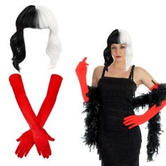 14 X MIVAN SHORT BLACK WHITE WIG WITH LONG RED GLOVES, WOMEN BLACK WHITE COSPLAY WIGS, 1920S RED GLOVES FOR WOMEN COSPLAY HALLOWEEN WIGS HEAT RESISTANT BOB PARTY WIG 1920S FANCY DRESS (3 PCS) - TOTAL