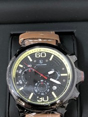 MENS LOUIS LACOMBE CHRONOGRAPH WATCH - 3 SUBDIALS - BLACK CASE - LEATHER STRAP RRP £395: LOCATION - A RACK