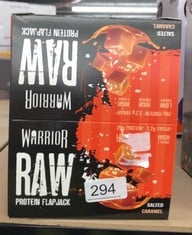 QUANTITY OF ITEMS TO INCLUDE WARRIOR RAW PROTEIN FLAPJACKS 12 BARS X 75G EACH PACKED WITH 20G OF PROTEIN LOW SUGAR, HIGH IN FIBRE , SALTED CARAMEL SOME MAY BE PAST BEST BEFORE DATE : LOCATIO: LOCATIO