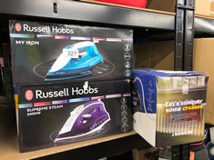 QUANTITY OF ITEMS TO INCLUDE RUSSELL HOBBS MY IRON STEAM IRON, CERAMIC SOLEPLATE, 260ML WATER TANK, 120G STEAM SHOT, 28G CONTINUOUS STEAM, SELF-CLEAN FUNCTION, 2M CORD, VERTICAL AND VARIABLE STEAM, 1