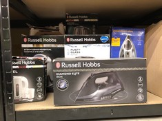 QUANTITY OF ITEMS TO INCLUDE RUSSELL HOBBS DIAMOND ELITE STEAM IRON, BLACK DIAMOND SOLEPLATE, 220G STEAM SHOT, 50G CONTINUOUS STEAM, 350ML WATER TANK, ANTI-CALC & ANTI-DRIP FUNCTION, VERTICAL STEAM,