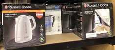 QUANTITY OF ITEMS TO INCLUDE RUSSELL HOBBS TEXTURES ELECTRIC 1.7L CORDLESS KETTLE (FAST BOIL 3KW, WHITE PREMIUM PLASTIC, MATT & HIGH GLOSS FINISH, REMOVABLE WASHABLE ANTI-SCALE FILTER, PUSH TO OPEN L