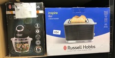 QUANTITY OF ITEMS TO INCLUDE RUSSELL HOBBS INSPIRE 2 SLICE TOASTER (EXTRA WIDE SLOTS, HIGH LIFT FEATURE, 6 BROWNING LEVELS, FROZEN/CANCEL/REHEAT FUNCTION WITH BLUE LED ILLUMINATION, 1050W, BLACK TEXT