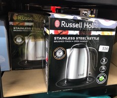 QUANTITY OF ITEMS TO INCLUDE RUSSELL HOBBS BRUSHED STAINLESS STEEL & BLACK ELECTRIC 1.7L CORDLESS KETTLE WITH BLACK HANDLE (FAST BOIL 3KW, REMOVABLE WASHABLE ANTI-SCALE FILTER, PULL OFF LID, PERFECT