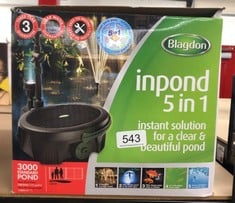 BLAGDON INPOND 5-IN-1 3000 EASY CARE CLEAN POND SOLUTION, 10W POND PUMP & FILTER WITH UV CLARIFIER FOR ALGAE CONTROL AND CLEAR WATER, LED LIGHT, 3 FOUNTAIN HEADS, FOR PONDS UP TO 3,000L, BLACK.: LOCA