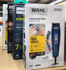 QUANTITY OF ITEMS TO INCLUDE WAHL COLOUR PRO CORDED CLIPPER, HEAD SHAVER, MEN'S HAIR CLIPPERS, COLOUR CODED GUIDES, FAMILY AT HOME HAIRCUTTING: LOCATION - G RACK