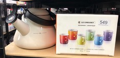 QUANTITY OF ITEMS TO INCLUDE LE CREUSET SET OF 6 RAINBOW ESPRESSO MUG, , STONEWARE, 100 ML, RAINBOW, 79114108359030 & LE CREUSET WHISTLING KETTLE: LOCATION - G RACK