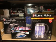 QUANTITY OF ITEMS TO INCLUDE RUSSELL HOBBS ILLUMINATING 1.7L ELECTRIC CORDLESS GLASS KETTLE WITH BLACK/BRUSHED STAINLESS STEEL ACCENTS (FAST BOIL 3KW, WASHABLE ANTI-SCALE FILTER, BUTTON TO OPEN LID,