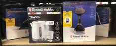 QUANTITY OF ITEMS TO INCLUDE RUSSELL HOBBS ELECTRIC 0.85L TRAVEL KETTLE, SMALL & COMPACT, DUAL VOLTAGE, IDEAL FOR ABROAD/CARAVAN/CAMPING, INC 2 CUPS & SPOONS, REMOVABLE WASHABLE ANTI-SCALE FILTER, WA