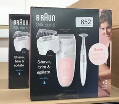 2 X BRAUN SILK-ÉPIL 5 EPILATOR FOR WOMEN FOR HAIR REMOVAL, 3 IN 1, INCLUDES SHAVER & TRIMMER HEAD, CORDLESS, GENTLE HAIR REMOVAL SETTING, WET & DRY, 100% WATERPROOF, 2 PIN BATHROOM PLUG, 5-820, WHITE