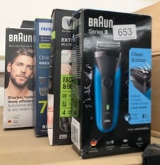 QUANTITY OF ITEMS TO INCLUDE BRAUN SERIES 3 ELECTRIC SHAVER FOR MEN WITH PRECISION BEARD TRIMMER, WET & DRY ELECTRIC RAZOR FOR MEN, UK 2 PIN PLUG, 310, BLACK/BLUE RAZOR: LOCATION - I RACK