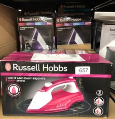 QUANTITY OF ITEMS TO INCLUDE RUSSELL HOBBS LIGHT & EASY BRIGHTS BERRY STEAM IRON, FABRIC SOFTENING INFUSED CERAMIC SOLEPLATE. 2X SMOOTHER GLIDE, 2X DURABILITY, 240ML WATER TANK, 115G STEAM SHOT, 35G