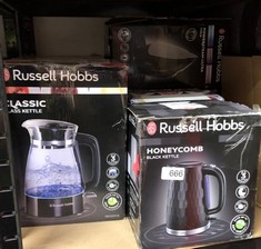 QUANTITY OF ITEMS TO INCLUDE RUSSELL HOBBS HONEYCOMB ELECTRIC 1.7L CORDLESS KETTLE (FAST BOIL 3KW, BLACK PREMIUM PLASTIC, MATT & HIGH GLOSS FINISH, REMOVABLE WASHABLE ANTI-SCALE FILTER, PUSH BUTTON L