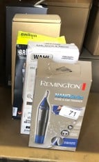 QUANTITY OF ITEMS TO INCLUDE REMINGTON NOSE, EAR AND EYEBROW TRIMMER FOR MEN (DUAL EDGED COMFORT TIP BLADE, ROTARY TRIMMER, 2 COMB ATTACHMENTS, SHOWERPROOF, BATTERY OPERATED WITH BATTERY INCLUDED) NE