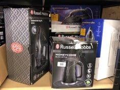 QUANTITY OF ITEMS TO INCLUDE RUSSELL HOBBS HONEYCOMB ELECTRIC 1.7L CORDLESS KETTLE (FAST BOIL 3KW, BLACK PREMIUM PLASTIC, MATT & HIGH GLOSS FINISH, REMOVABLE WASHABLE ANTI-SCALE FILTER, PUSH BUTTON L