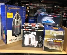 QUANTITY OF ITEMS TO INCLUDE RUSSELL HOBBS DUAL VOLTAGE STEAM GLIDE TRAVEL IRON, 80 ML WATER TANK, STAINLESS STEEL SOLEPLATE, WATER SPRAY, VARIABLE TEMP & STEAM, 1.5M CORD, 830W, 22470: LOCATION - A