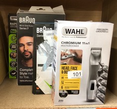 QUANTITY OF ITEMS TO INCLUDE WAHL CHROMIUM 11-IN-1 MULTIGROOM, EYEBROW CUTTING ABILITY, BODY TRIMMERS, MEN’S BEARD TRIMMER, STUBBLE TRIMMING, BODY SHAVING, FACE GROOMING, FULLY WASHABLE, MALE GROOMIN