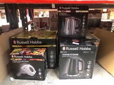 QUANTITY OF ITEMS TO INCLUDE RUSSELL HOBBS HONEYCOMB ELECTRIC 1.7L CORDLESS KETTLE (FAST BOIL 3KW, BLACK PREMIUM PLASTIC, MATT & HIGH GLOSS FINISH, REMOVABLE WASHABLE ANTI-SCALE FILTER, PUSH BUTTON L