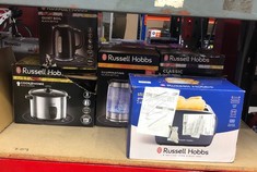 QUANTITY OF ITEMS TO INCLUDE RUSSELL HOBBS 2 SLICE LIFT & LOOK TOASTER (LONGER SLOTS, 6 BROWNING LEVELS, DEFROST/REHEAT/CANCEL FUNCTION, REMOVABLE CRUMB TRAY, 1670W, GREY & STAINLESS STEEL GLOSS FINI