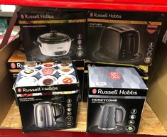 QUANTITY OF ITEMS TO INCLUDE RUSSELL HOBBS HONEYCOMB ELECTRIC 1.7L CORDLESS KETTLE (FAST BOIL 3KW, GREY PREMIUM PLASTIC, MATT & HIGH GLOSS FINISH, REMOVABLE WASHABLE ANTI-SCALE FILTER, PUSH BUTTON LI