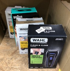 QUANTITY OF ITEMS TO INCLUDE WAHL COLOUR PRO CORDED CLIPPER, HEAD SHAVER, MEN'S HAIR CLIPPERS, COLOUR CODED GUIDES, FAMILY AT HOME HAIRCUTTING: LOCATION - F RACK