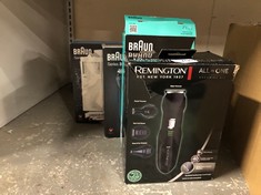 QUANTITY OF ITEMS TO INCLUDE REMINGTON ALL-IN-ONE GROOMING KIT BEARD TRIMMER (4 ATTACHMENTS, BEARD & HAIR COMB, NOSE & EAR, DETAIL TRIMMER, MINI FOIL SHAVER, 3 COMBS, STAINLESS STEEL BLADES, 40-MINUT