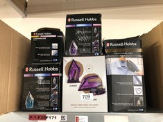 QUANTITY OF ITEMS TO INCLUDE RUSSELL HOBBS DUAL VOLTAGE STEAM GLIDE TRAVEL IRON, 80 ML WATER TANK, STAINLESS STEEL SOLEPLATE, WATER SPRAY, VARIABLE TEMP & STEAM, 1.5M CORD, 830W, 22470: LOCATION - BA