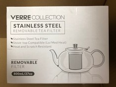 QUANTITY OF ASSORTED ITEMS TO INCLUDE VERRE COLLECTION GLASS TEAPOT STOVETOP COMPATIBLE KETTLE WITH STAINLESS STEEL REMOVABLE INFUSER, LOOSE LEAF TEA, STOVETOP SAFE TEAPOT AND STRAINER (800 ML) RRP £