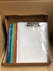 QUANTITY OF ASSORTED ITEMS TO INCLUDE XDA PLASTIC CLIPBOARD A4 PACK OF 6, MULTICOLOUR A4 CLIPBOARD WITH HANGING HOLE AND METAL CLIP FOR OFFICE, WORK, CLASSROOM, BUSINESS RRP £396: LOCATION - RACK A