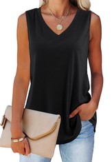 10 X BELURING LADIES SUMMER TOPS CASUAL V NECK SLEEVELESS TSHIRT LOOSE FITTING VEST BLACK L - TOTAL RRP £150: LOCATION - RACK C