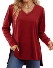 12 X BELURING LADIES T-SHIRTS CASUAL LONG SLEEVE TOPS LOOSE V NECK TUNIC TOPS, RED SIZE 16 18 - TOTAL RRP £142: LOCATION - RACK C