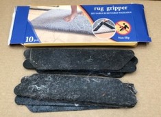 QUANTITY OF ASSORTED ITEMS TO INCLUDE RUG GRIPPER, 10 PCS ANTI CURLING RUG GRIPPER FOR WOODEN FLOORS, CARPET STICKER ANTI SLIP RUG UNDERLAY TO KEEP YOUR RUG IN PLACES & MAKES CORNERS FLAT, REUSABLE R