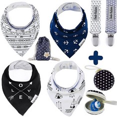 QUANTITY OF ASSORTED ITEMS TO INCLUDE DODO BABIES BANDANA DROOL BIB SET – FOUR 100% COTTON BIBS WITH SOFT POLYESTER LINING, 2 PACIFIER CLIPS, BINKY CASE, NAVY DOT GIFT BAG FOR BABY GIRL OR BOY SHOWER