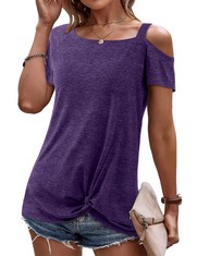 QUANTITY OF ASSORTED ITEMS TO INCLUDE BELURING LADIES TOPS SUMMER SHORT SLEEVE T SHIRT SEXY COLD SHOULDER TOPS PURPLE SIZE 8 10: LOCATION - RACK C