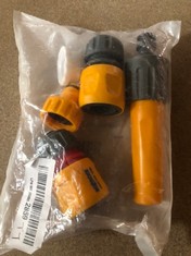 QUANTITY OF ASSORTED ITEMS TO INCLUDE 5 PIECE HOZELOCK FITTINGS FOR HOSE PIPE. HOSE PIPE. NEW. TAP ADAPTER. RUBBER RING: LOCATION - RACK D