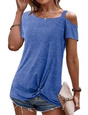 QUANTITY OF ASSORTED ITEMS TO INCLUDE BELURING LADIES TSHIRT SUMMER COLD SHOULDER TOP ROUND NECK BASIC BLOUSE BLUE SIZE 18 20 RRP £203: LOCATION - RACK E