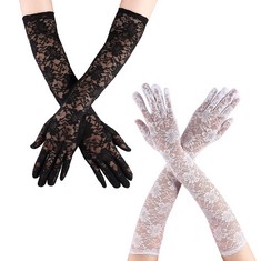 21 X TSHAOUN LONG LACE GLOVES,FLORAL LACE GLOVES,BLACK WHITE ELBOW LENGTH GLOVES,1920S COSTUME FOR HALLOWEEN PARTY COSTUME ACCESSORY EVENING PARTY. (BLACK WHITE) - TOTAL RRP £140: LOCATION - RACK E