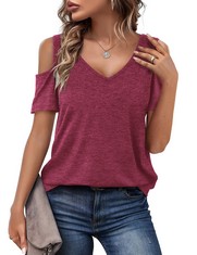 QUANTITY OF ASSORTED ITEMS TO INCLUDE FLORBOOM LADIES SHIRT OFF SHOULDER TOPS SUMMER CASUAL SHORT SLEEVE TSHIRT, CLARET 8 10: LOCATION - RACK E