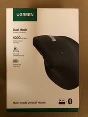 QUANTITY OF ASSORTED ITEMS TO INCLUDE UGREEN ERGONOMIC VERTICAL MOUSE, 2.4GHZ WIRELESS OR BLUETOOTH, 1000/1600/2000/4000DPI, 5 BUTTONS, CONNECTS UP TO 3 MAC/PC COMPUTERS, 75° ERGONOMIC ANGLE, WINDOWS