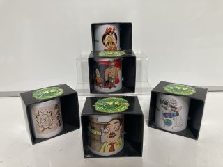 A BOX OF ASSORTED COFFEE MUGS TO INCLUDE "RICK & MORTY" DESIGN COFFEE MUGS