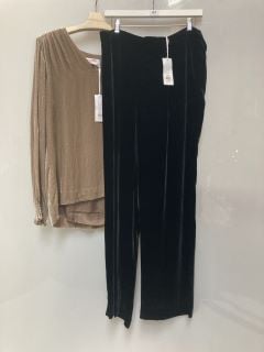 1 X THE WHITE COMPANY SILK VELVET WIDE LEG TROUSER SIZE 14 BLACK TO INCLUDE THE WHITE COMPANY SILK VELVET SMOCKED BLOUSE SIZE 10 GOLD TOTAL  RRP £318