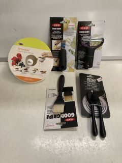 BOX OF ASSORTED GOODS TO INCLUDE OXO QUICK-RELEASE APPLE CORER, OXO STEEL ICE CREAM SCOOP