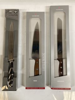 BOX OF ASSORTED KNIVES TO INCLUDE SABATIER TROMPETTE CARVING KNIFE (18+ ID MAYBE REQUIRED)