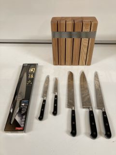 1 X SABATIER PROFESSIONAL 5 PIECE OAK KNIFE BLOCK SET, TO ALSO INCLUDE SEKI MAGOROKU KAI KITCHEN KNIFE (18+ ID MAYBE REQUIRED)