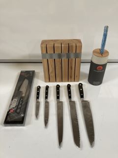 1 X SABATIER PROFESSIONAL 5 PIECE OAK KNIFE BLOCK SET, TO ALSO INCLUDE I.O SHEN 4 1/2 CHAI KHOM SLICER, SAVERNAKE KNIFE (18+ ID MAYBE REQUIRED)